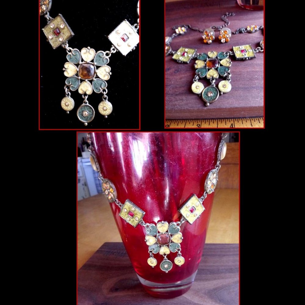 enamel & rhinestone necklace & stud earring set SHIPS FREE